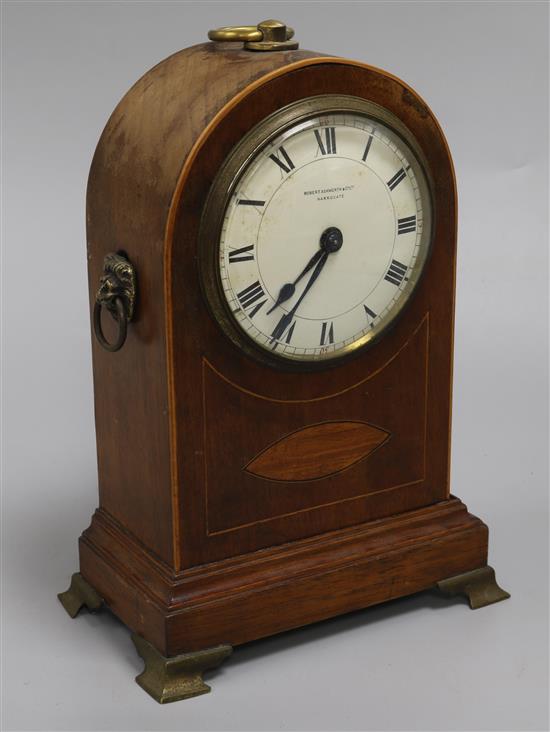 An Edwardian mahogany and inlaid mantel timepiece, height 11in.